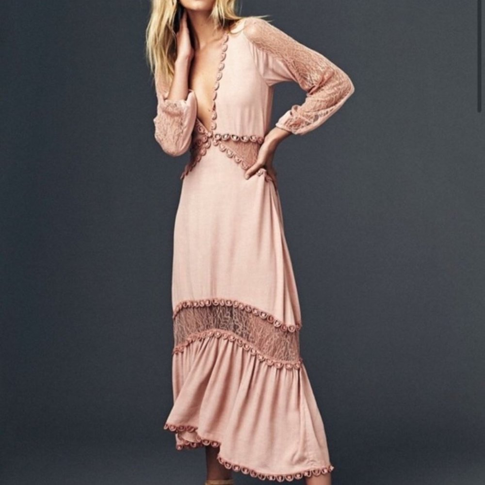 #1225 FOR LOVE AND LEMONS Pink Lilou Lace Inset Boho Midi Dress S/M